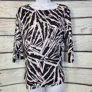 Tribal Black White Abstract Sequin Top 3/4 Sleeve Size L